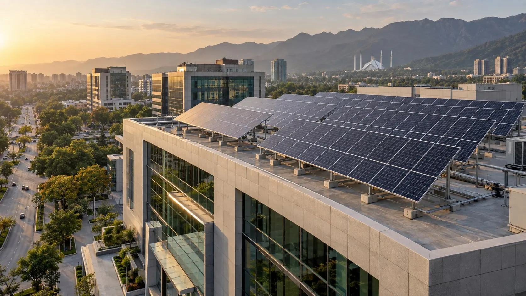Photorealistic concept of commercial rooftop solar in Islamabad