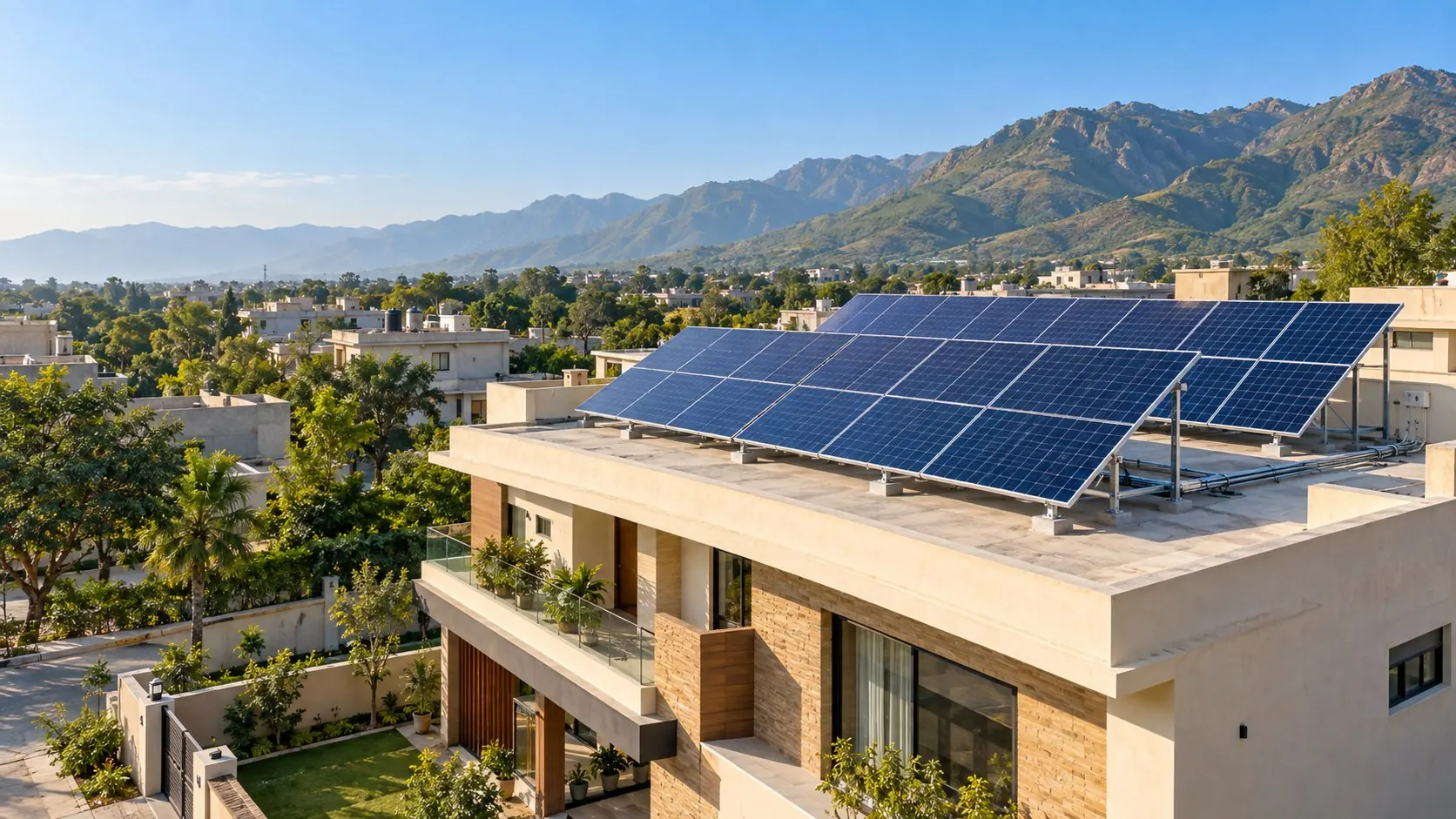 Photorealistic concept of rooftop solar on a Pakistani home