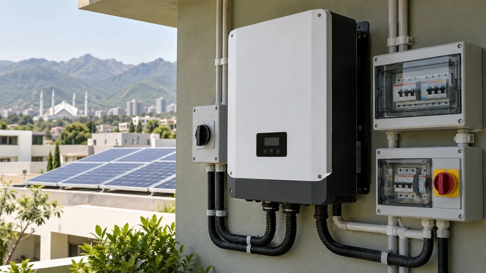 Photorealistic concept: Hybrid inverter with enclosed protection in an Islamabad-inspired setting