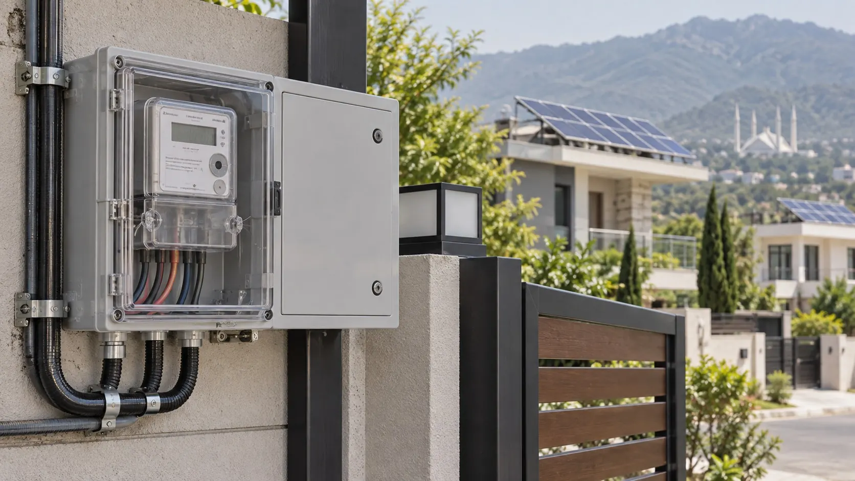 Photorealistic concept: Enclosed electricity meter in an Islamabad-inspired solar setting